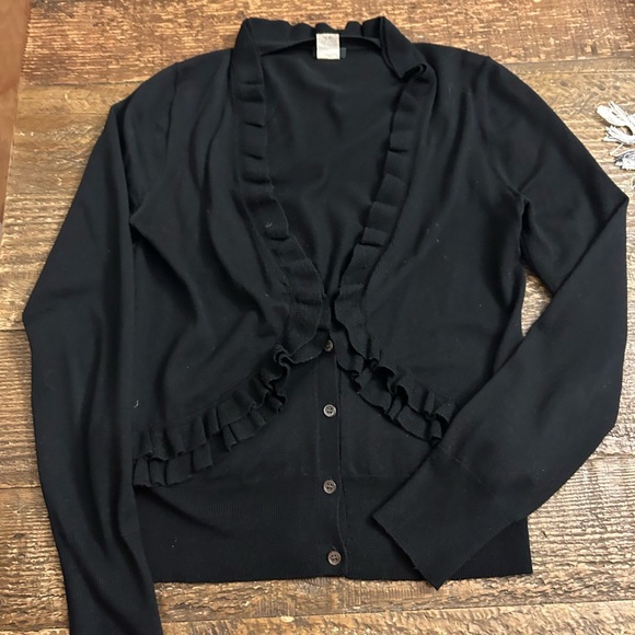 J. Crew Sweaters - J. crew Black Merino Wool Ruffle Cardigan sz M
